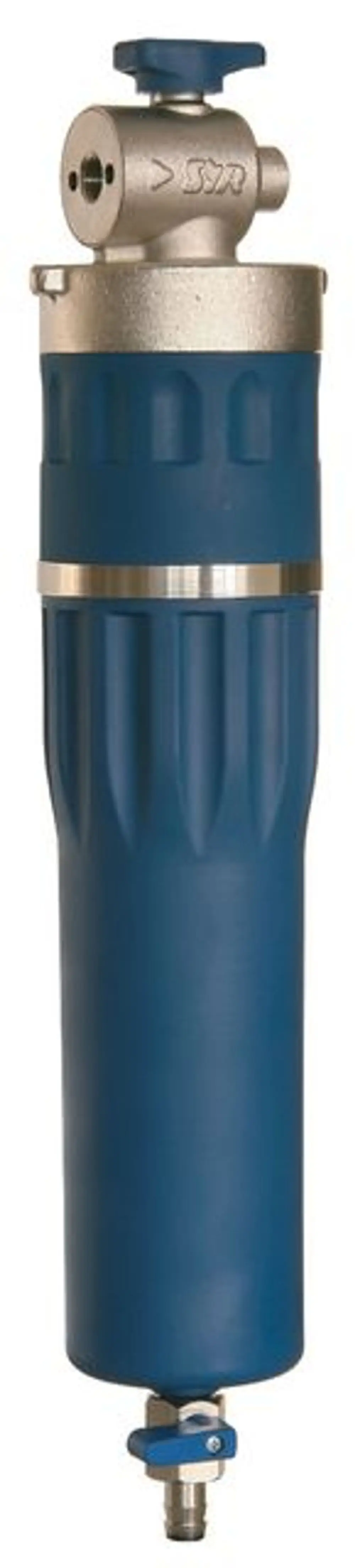 SYR Filter mit einem blauen Gehäuse und einem oberen Anschluss. Der untere Teil hat einen Drehverschluss. Geeignet zur Wasseraufbereitung und Filterung in Hausanlagen.